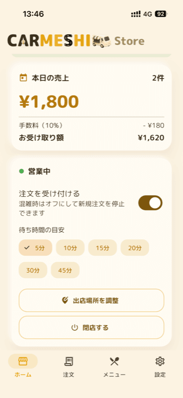 CARMESHI Storeのホーム画面。本日の売上、営業ステータス、待ち時間の設定が並ぶ